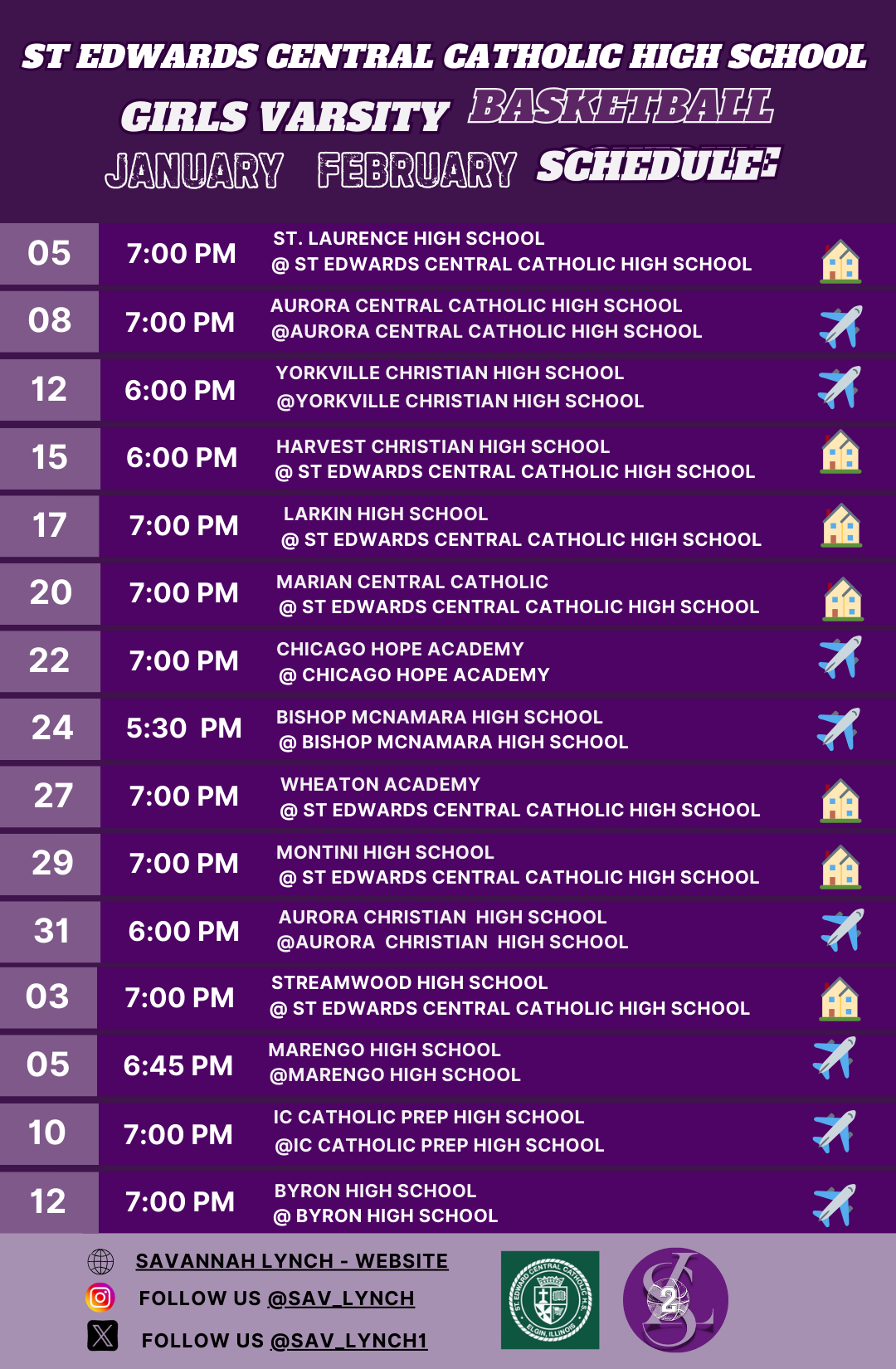 Savannah Lynch - St. Edwards Central Catholic High School Girls Varsity 2026 January-February Basketball Schedule