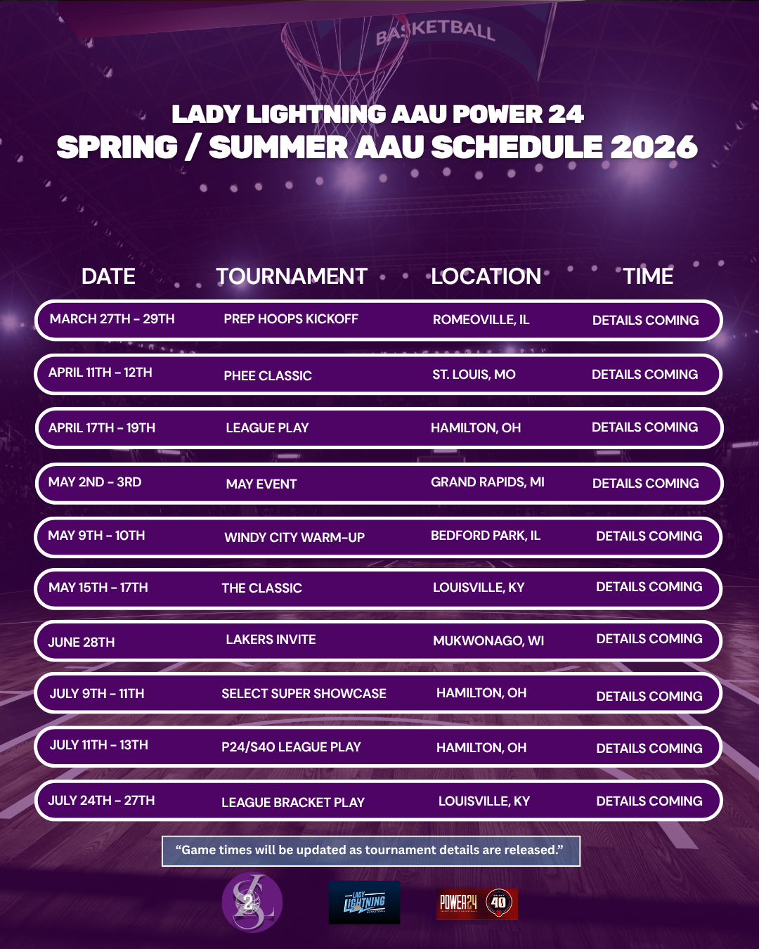 Lady Lightning AAU Power 24 Spring Summer AAU Schedule 2026